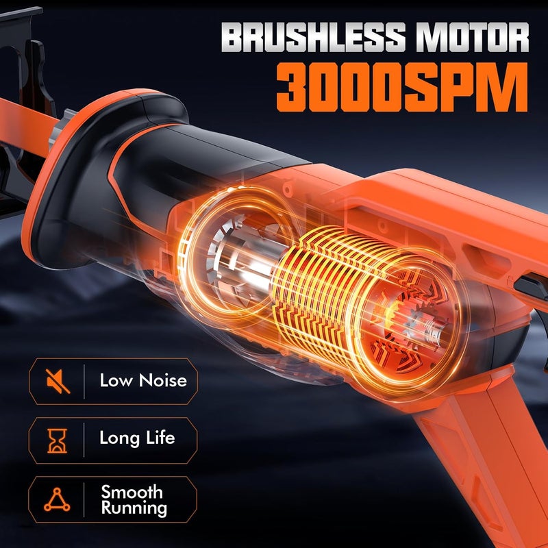 olmlmo Reciprocating Saw Cordless with 8 Blades: 2 x 4.0Ah Battery, Brushless Motor 3300 RPM, Cordless Reciprocating Saw Kit for Wood PVC Metal Tree Bone Cutting DIY (Orange) - Image 4